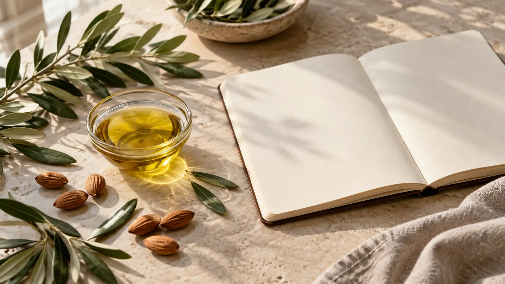 Olive leaves, almonds, a bowl of golden plant oil, and a blank notebook on a stone table