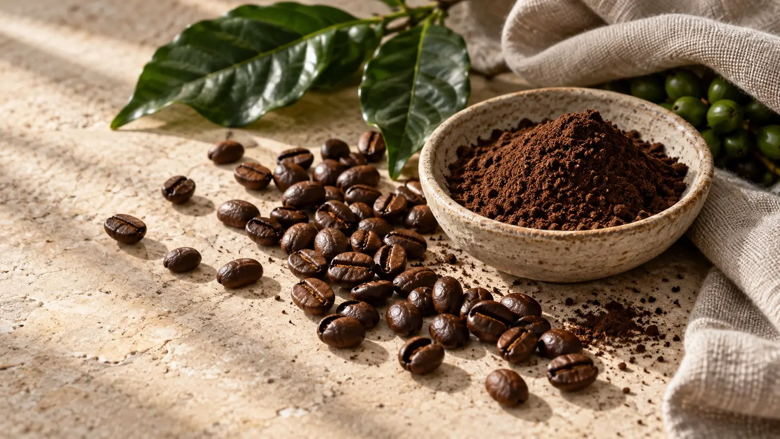Roasted coffee beans and ground coffee in a ceramic bowl beside green leaves and linen on pale stone