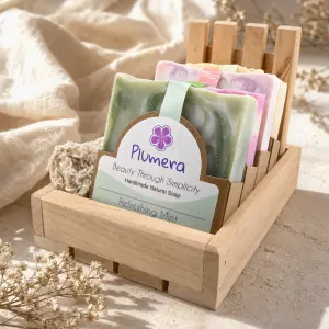 Plumera Fragrant Soap Box with four colorful handmade bars, wooden soap dish, sisal soap saver, and wood gift box