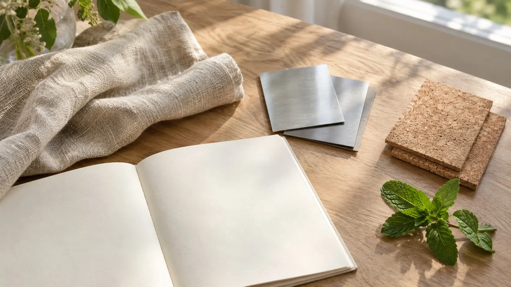 Blank notebook, brushed metal and cork samples, linen, and mint on a sunlit wooden design table