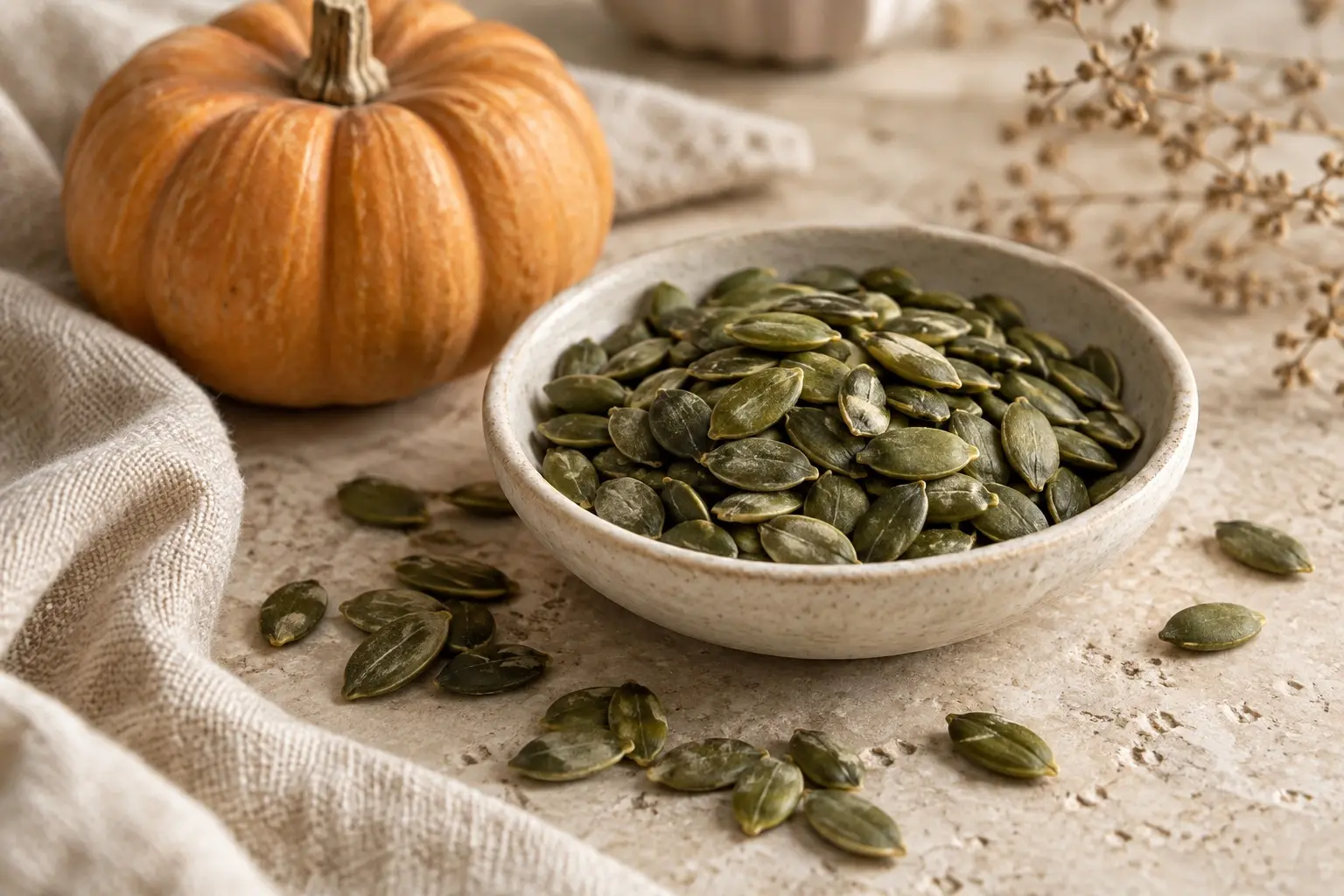 Green pumpkin seeds in a ceramic bowl beside a small pumpkin on pale stone
