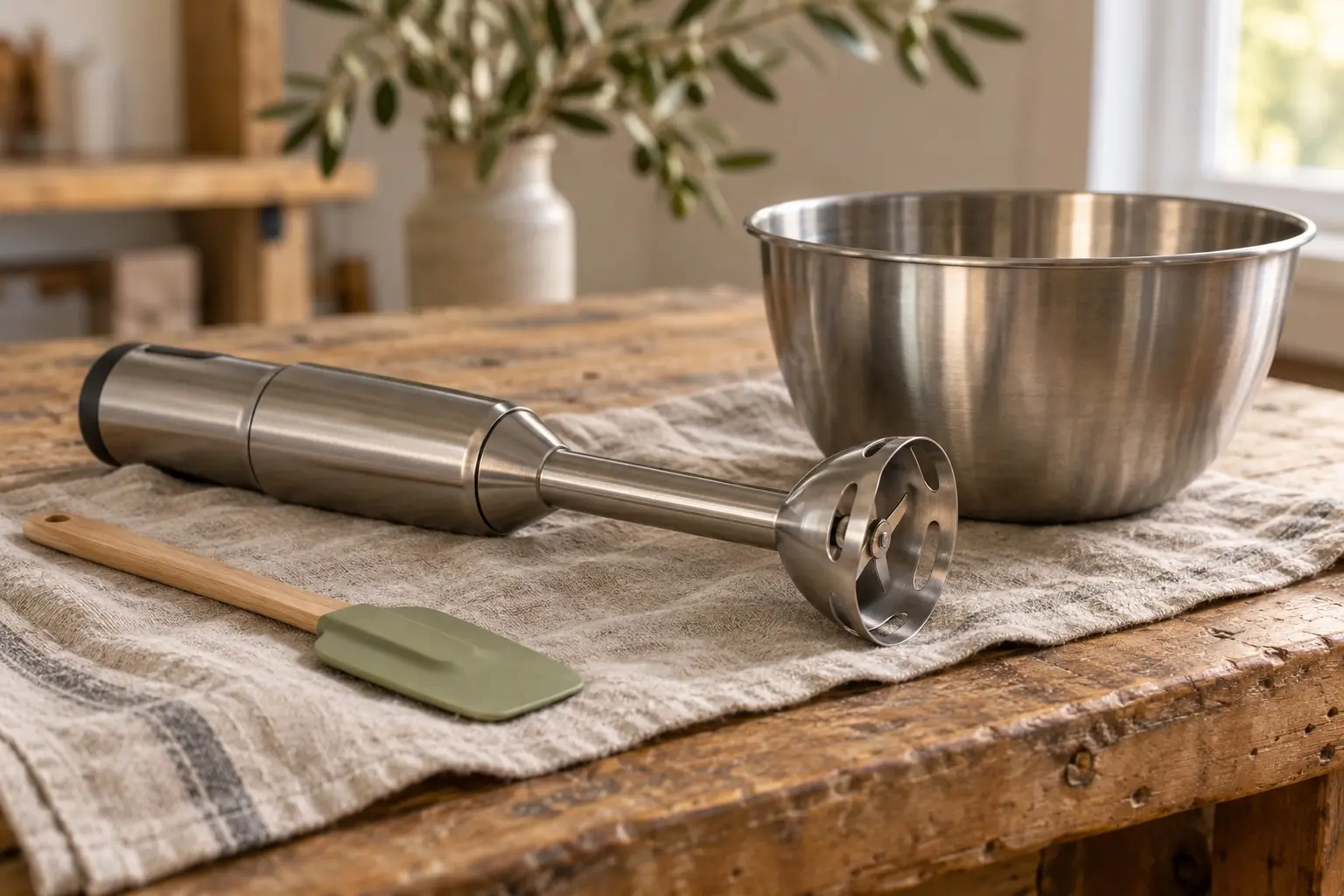 Stainless steel immersion blender, empty mixing bowl, and sage spatula on a linen-covered workshop table