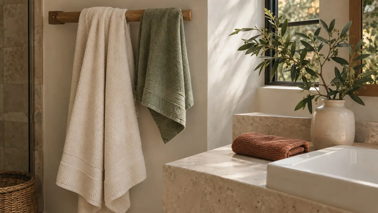 Ivory and sage towels on a wooden rail with a clay-colored washcloth beside a bathroom sink