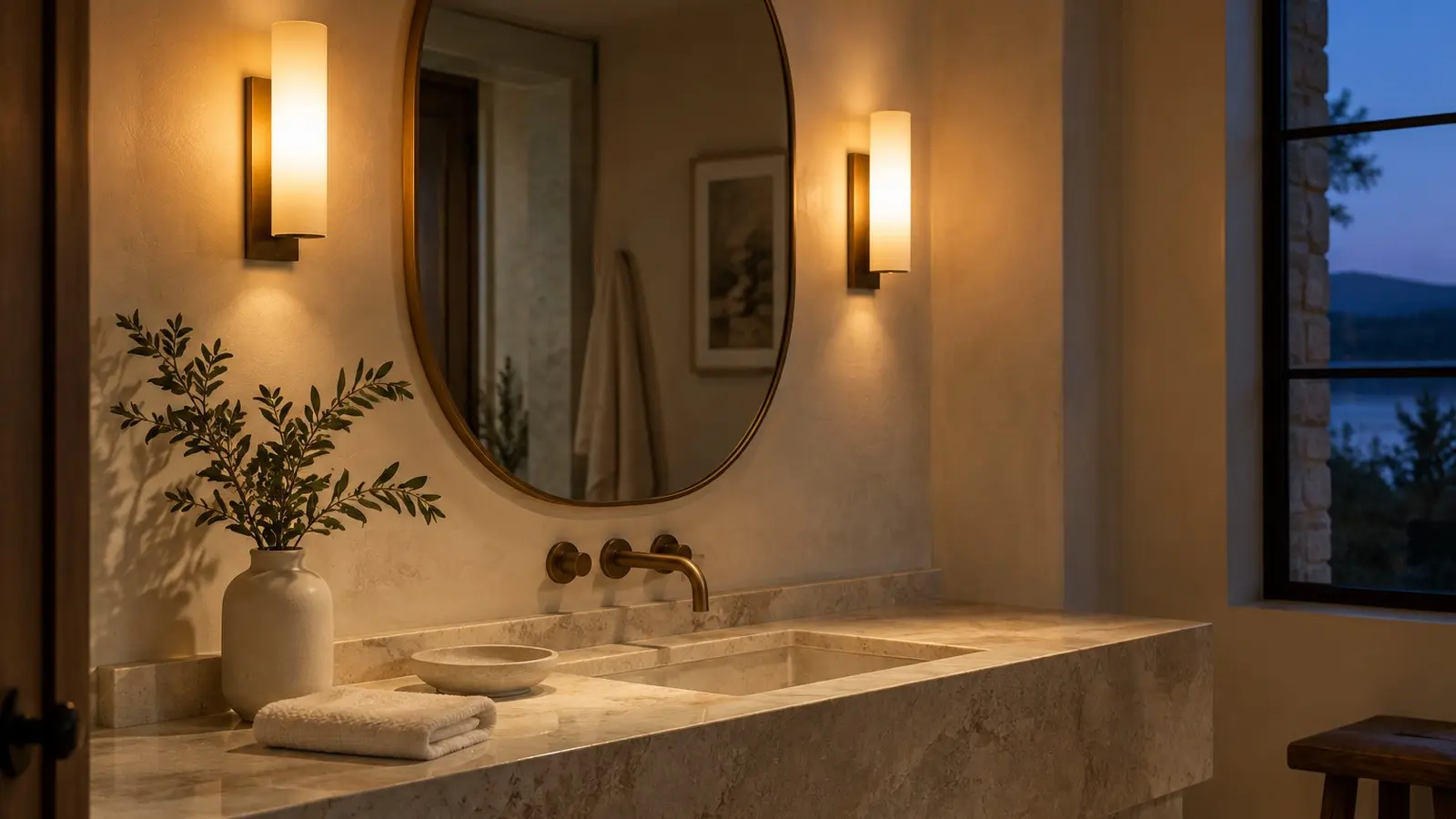 Warm wall sconces beside an oval bathroom mirror, cream stone vanity, towel, and leafy branch at twilight