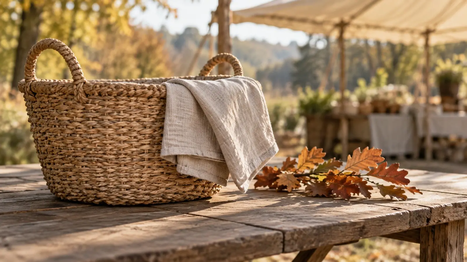 Empty woven market basket with linen and autumn leaves on a sunlit wooden table