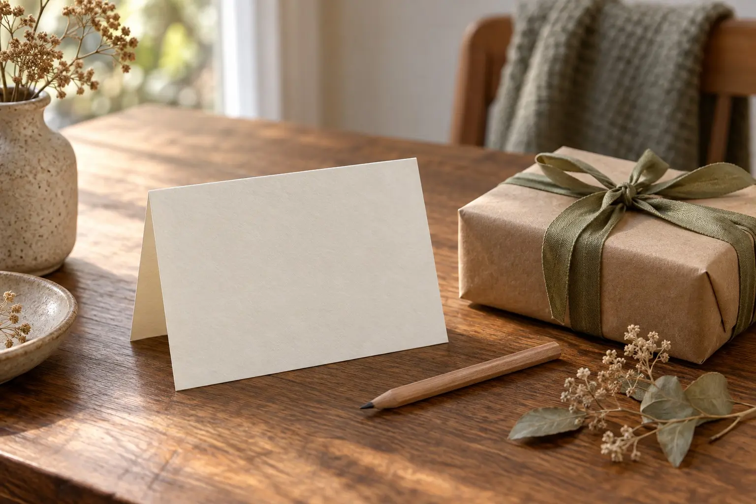Blank ivory note card beside a kraft-paper gift and dried botanicals on a wooden table
