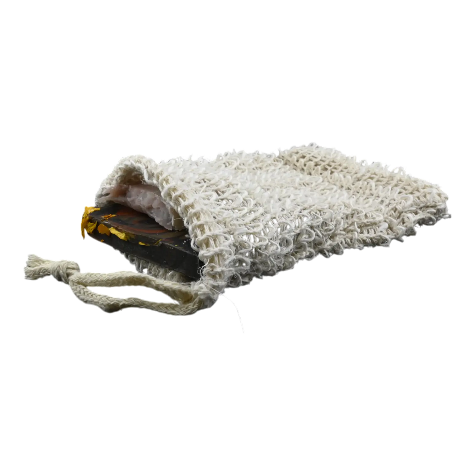 Sisal soap saver bag with handmade soap for a simple bar soap routine