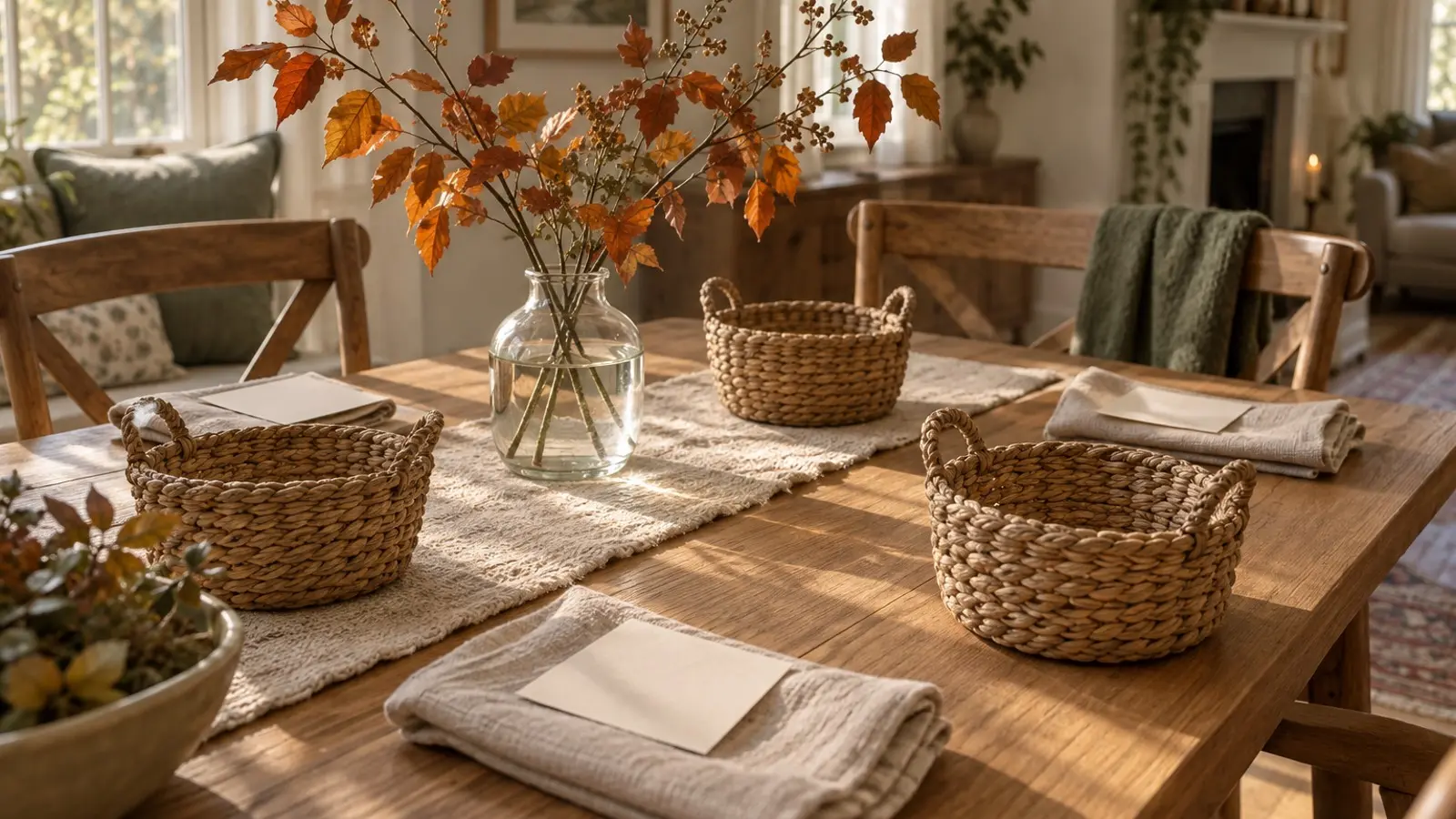 Empty woven baskets, linen napkins, and autumn branches on a sunlit gathering table