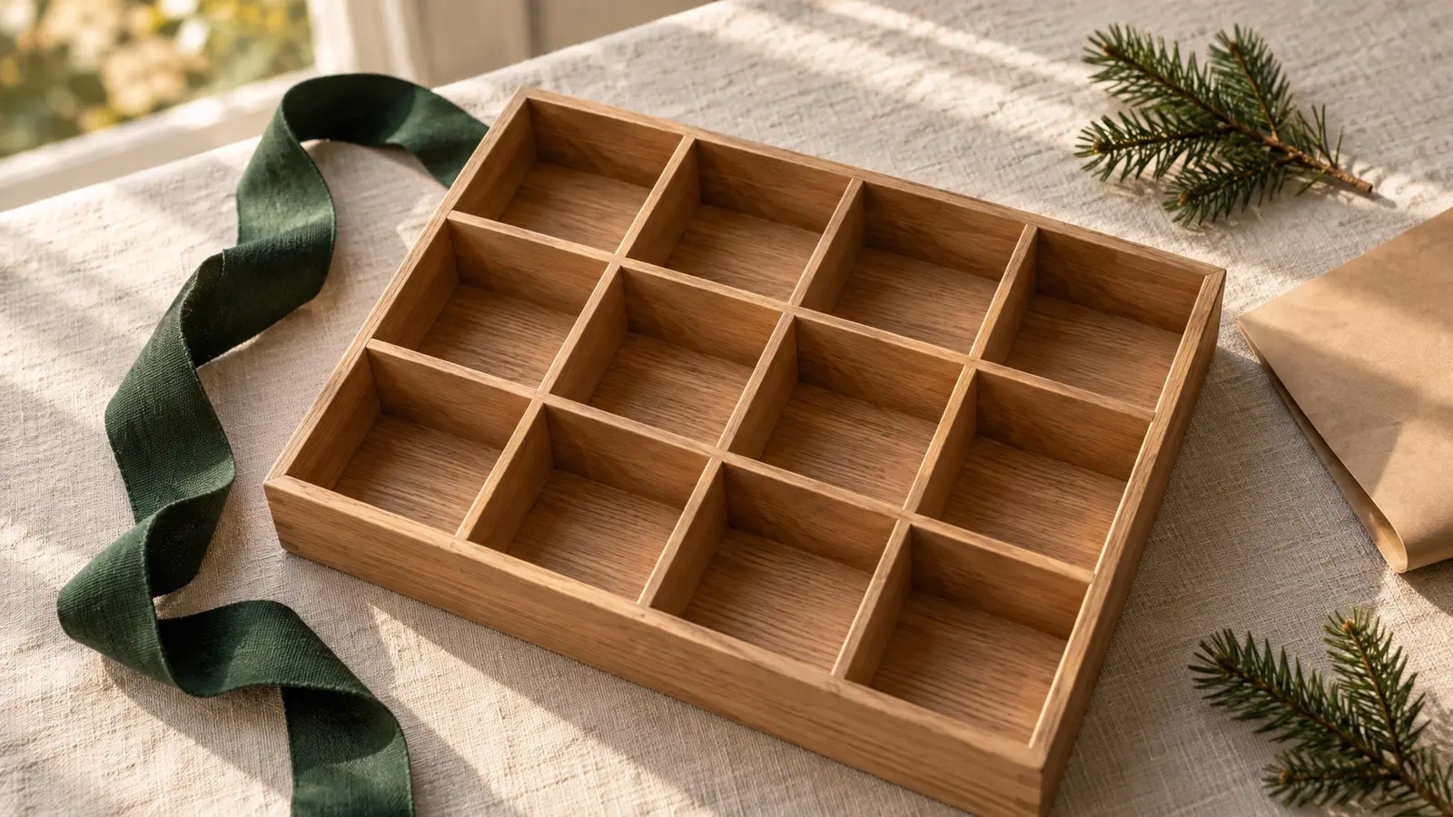 Empty divided wooden organizer with green ribbon and evergreen sprigs on ivory linen