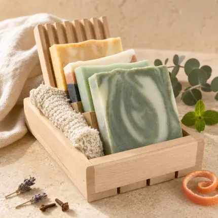 Botanical soap gift box with four handmade soaps, wooden box, soap dish and soap saver pouch