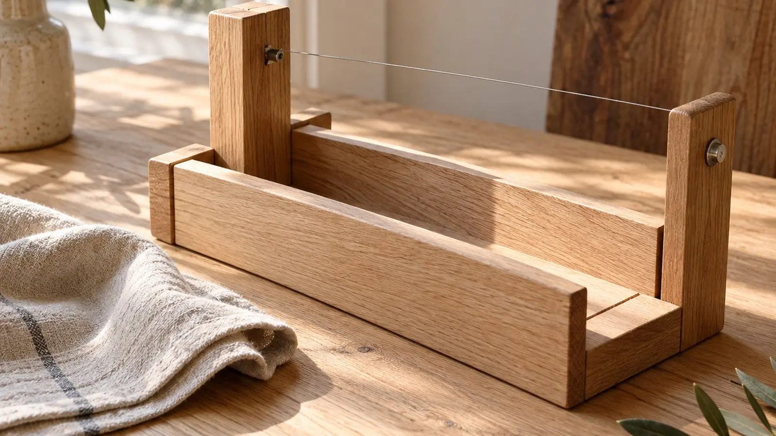 An empty wooden cutting cradle and folded linen on a sunlit artisan workbench