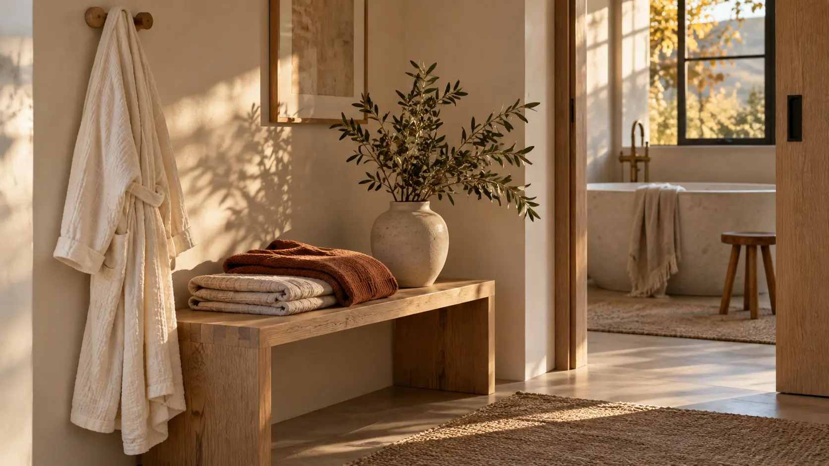 Cotton robe and folded autumn clothing beside a sunlit bathroom