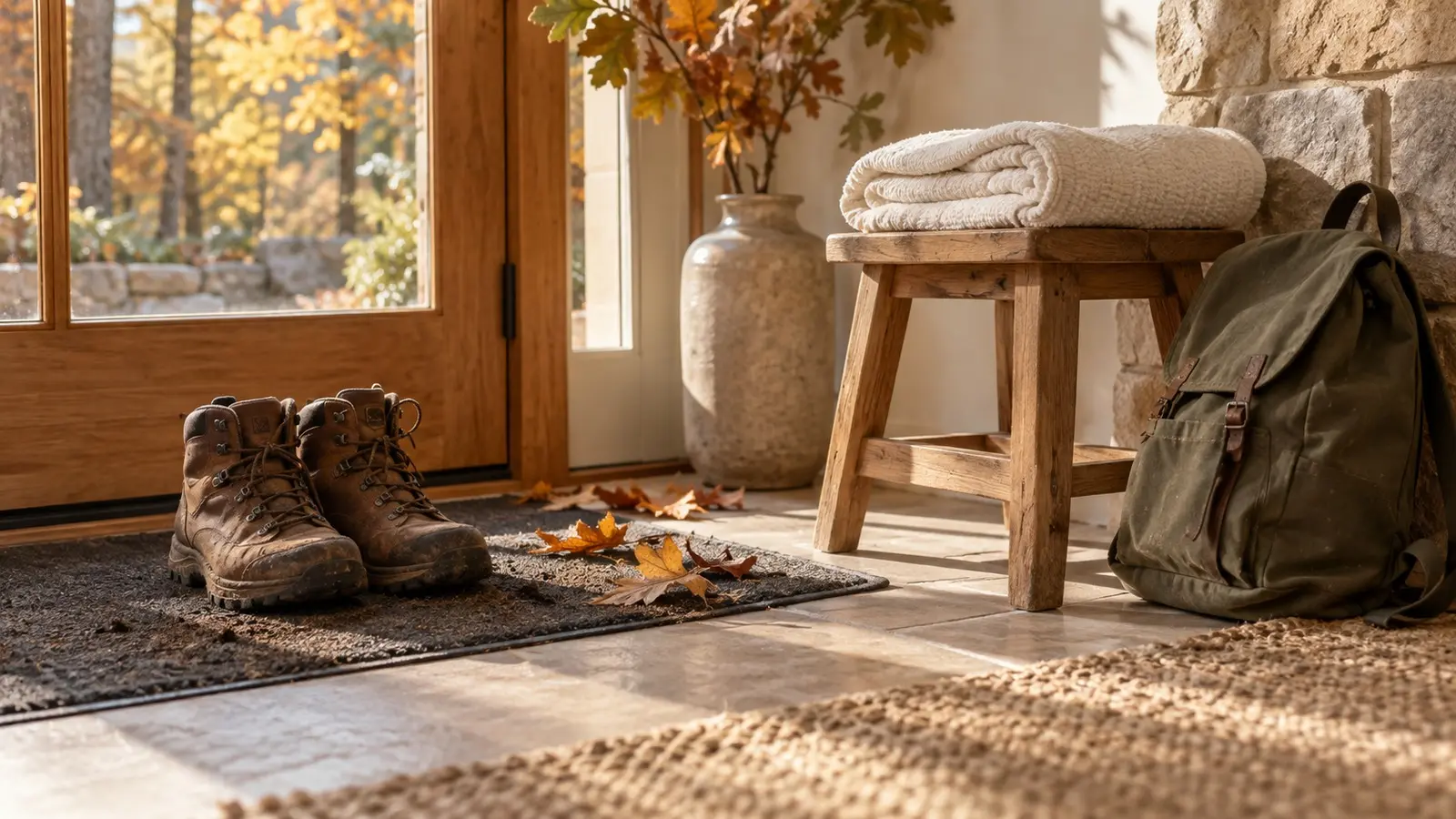 Brown hiking boots on a mat beside an ivory towel, olive canvas backpack, and autumn leaves in a sunlit entryway