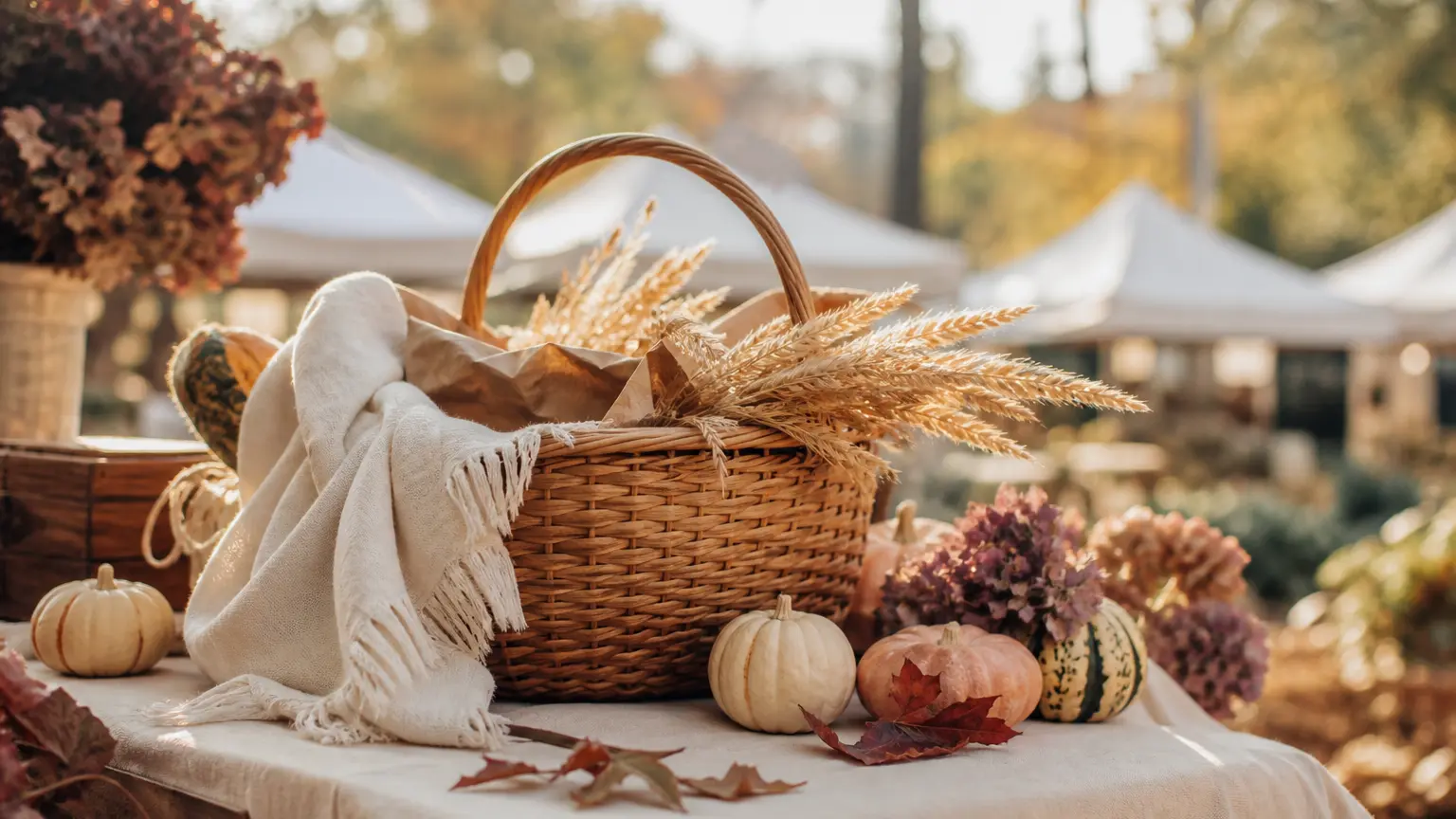 Woven market basket with linen, wheat, pumpkins, and autumn leaves at an outdoor artisan market