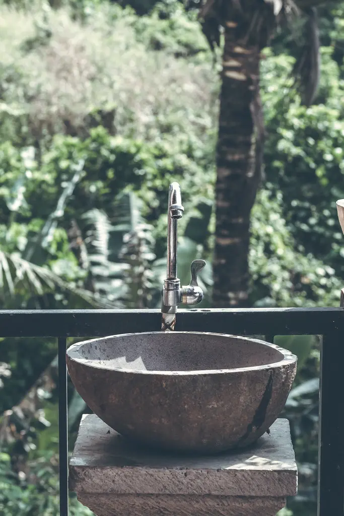 Stone washbasin and chrome faucet overlooking green foliage in natural daylight