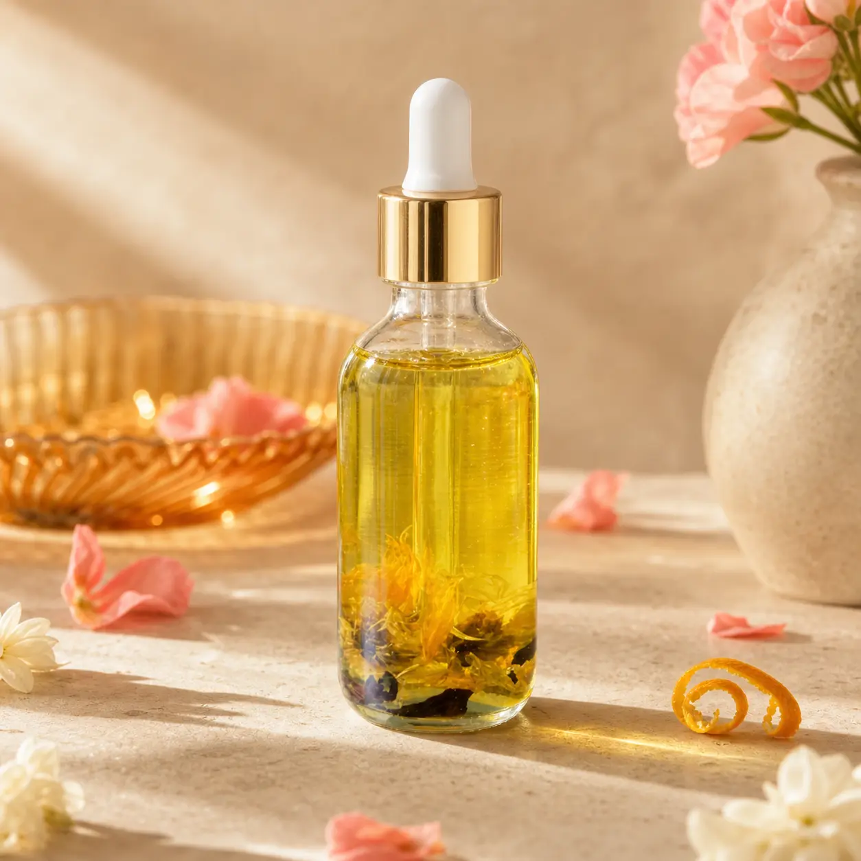Golden botanical oil in a clear glass dropper bottle with yellow flowers and dark botanicals
