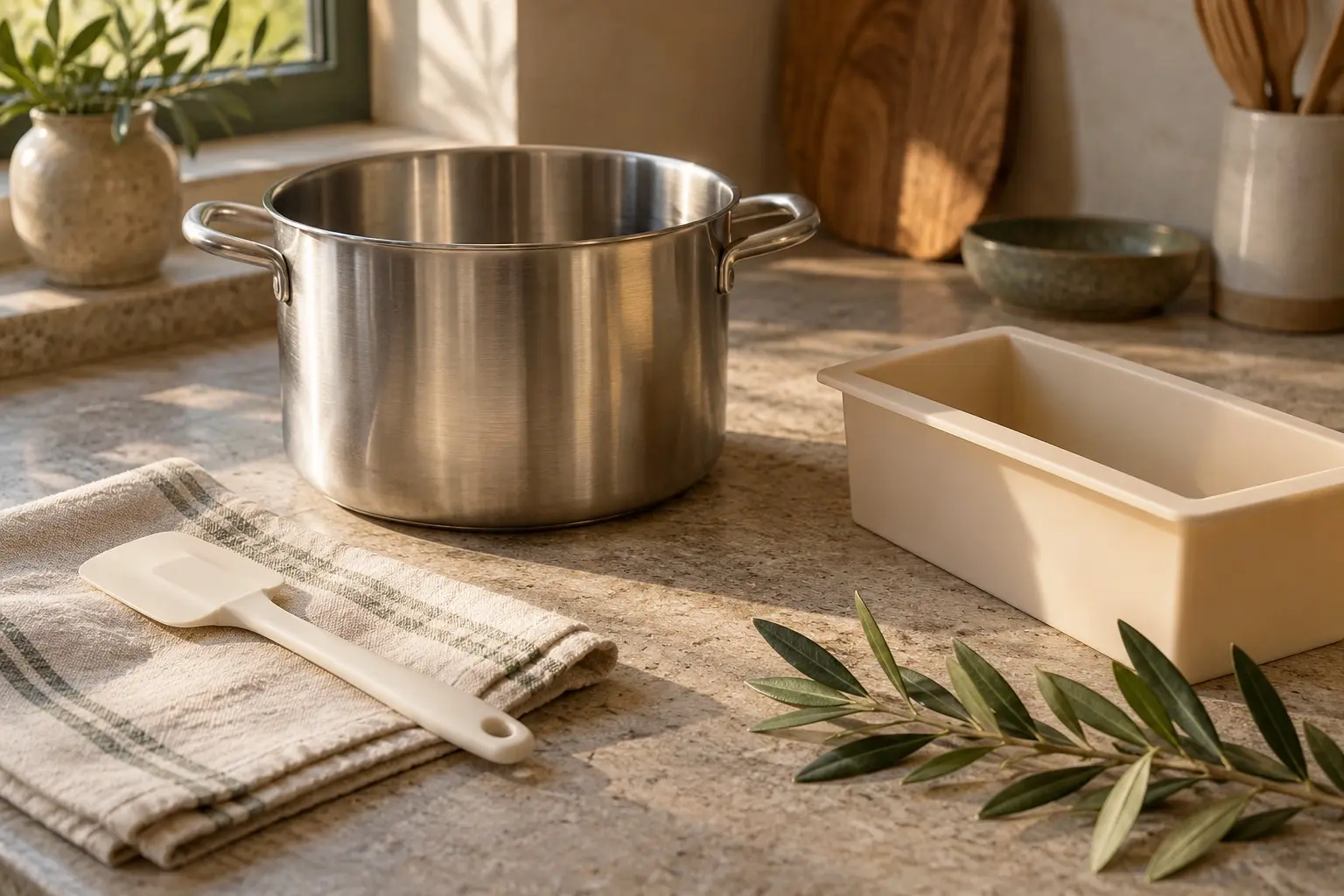 Empty stainless steel pot, silicone soap mold, linen cloth, and olive branch on a sunlit workbench
