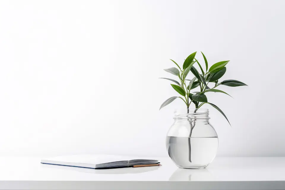 Minimal desk with a green plant and open notebook for a simple workday self-care routine