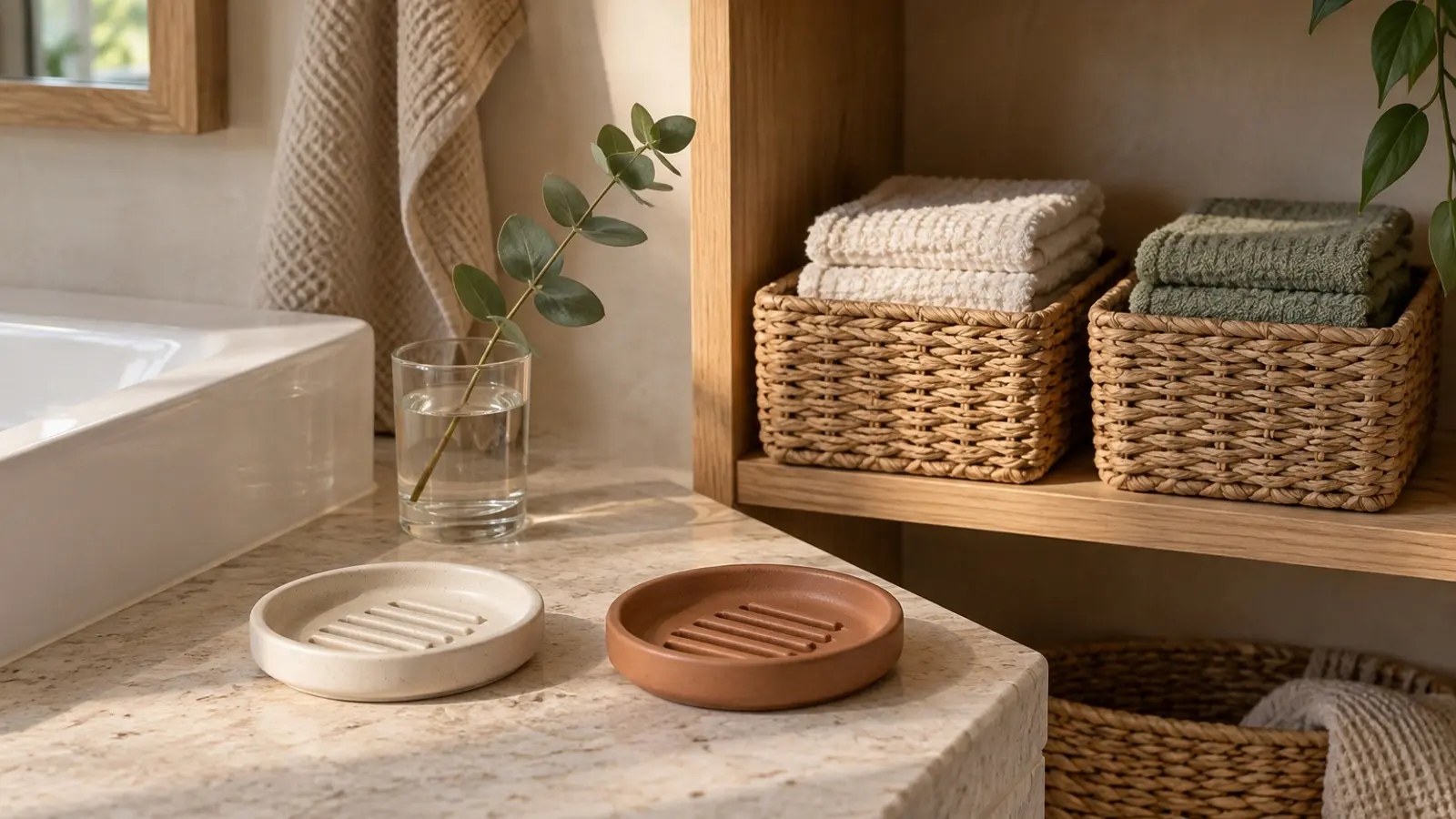 Separate towel baskets and empty ceramic soap dishes beside a sink in a shared bathroom