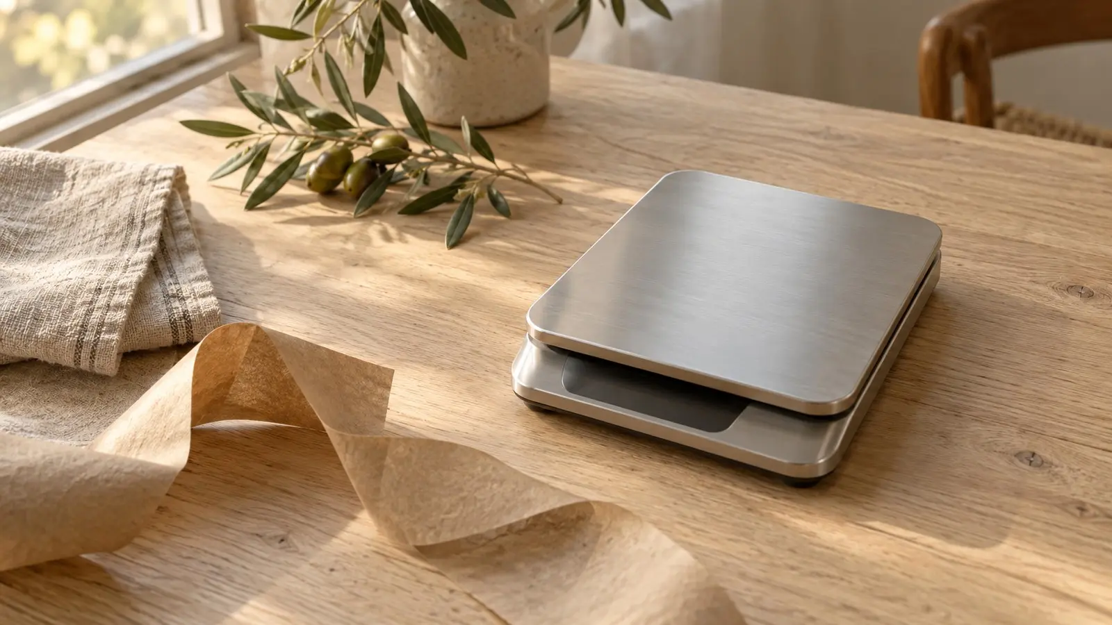 Empty stainless steel scale with linen, kraft paper, and an olive branch on a sunlit wooden table
