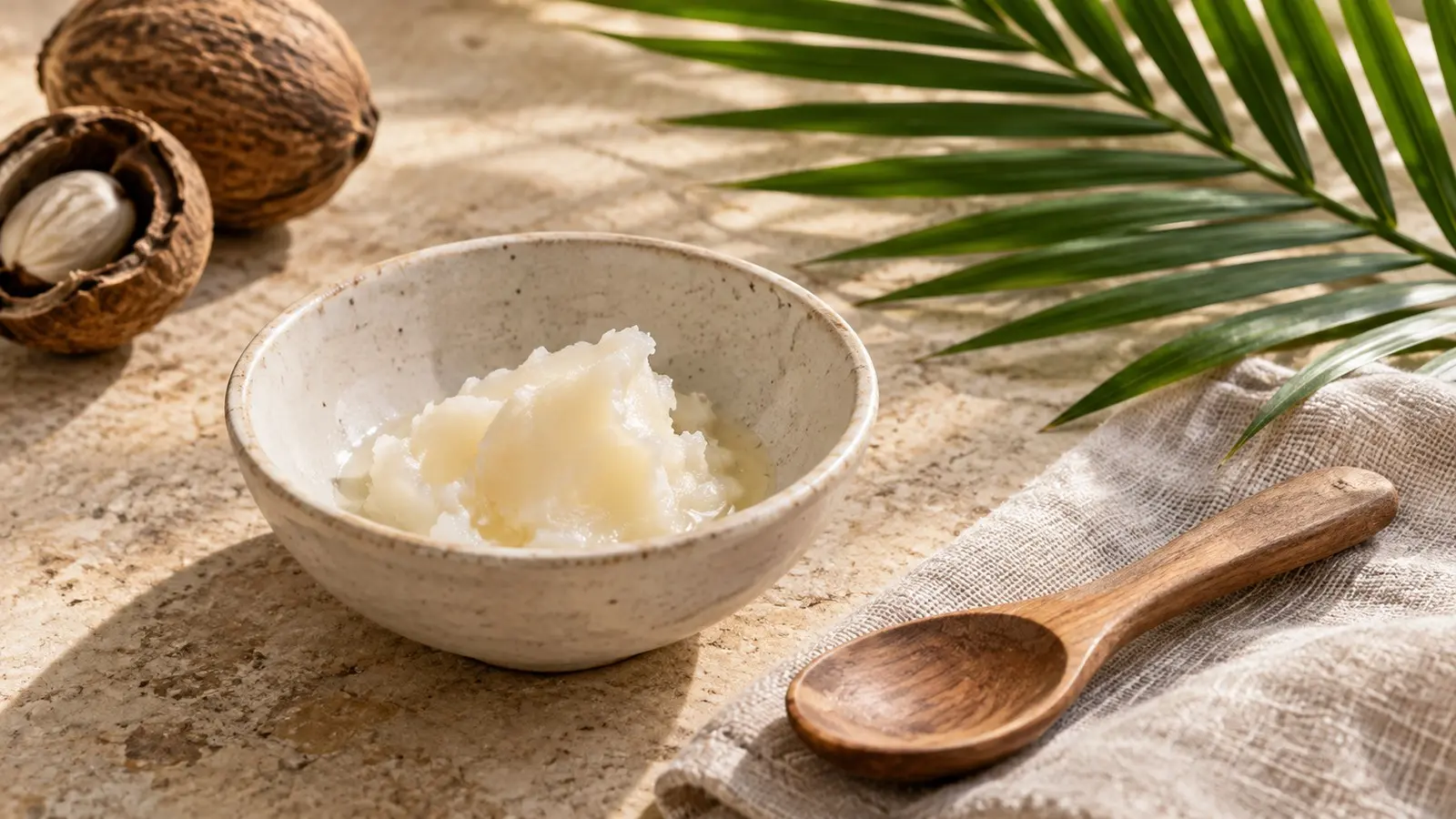 Pale botanical fat in a ceramic mixing bowl beside a wooden spoon, linen, and a palm frond