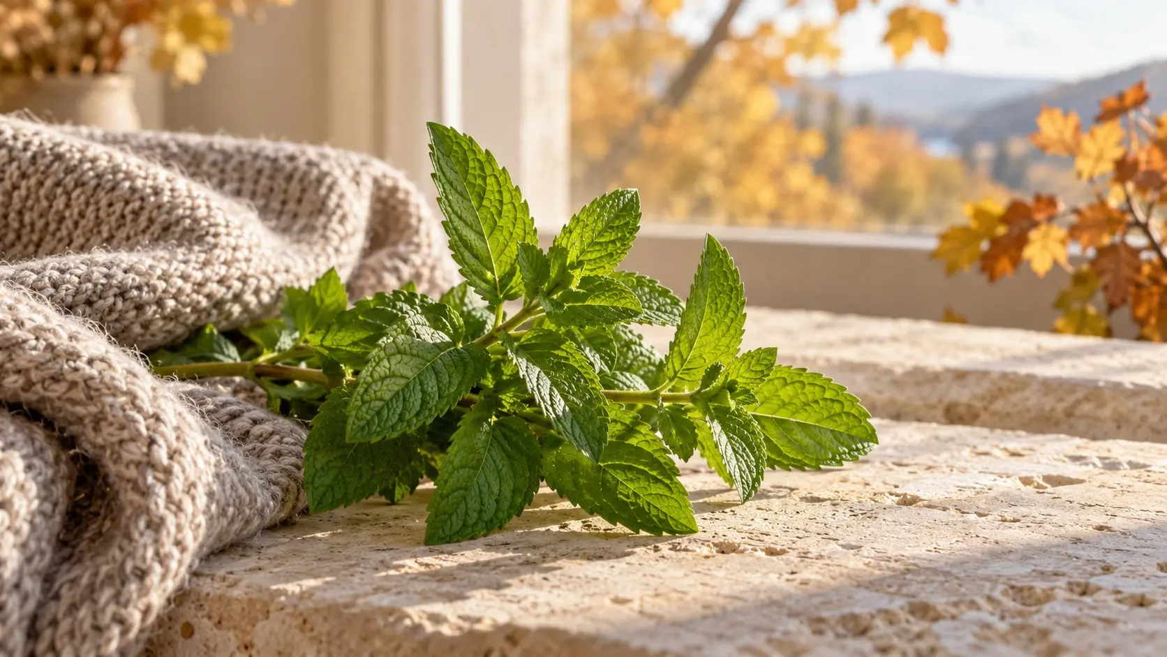Fresh mint sprigs beside an oatmeal knit scarf in warm autumn window light