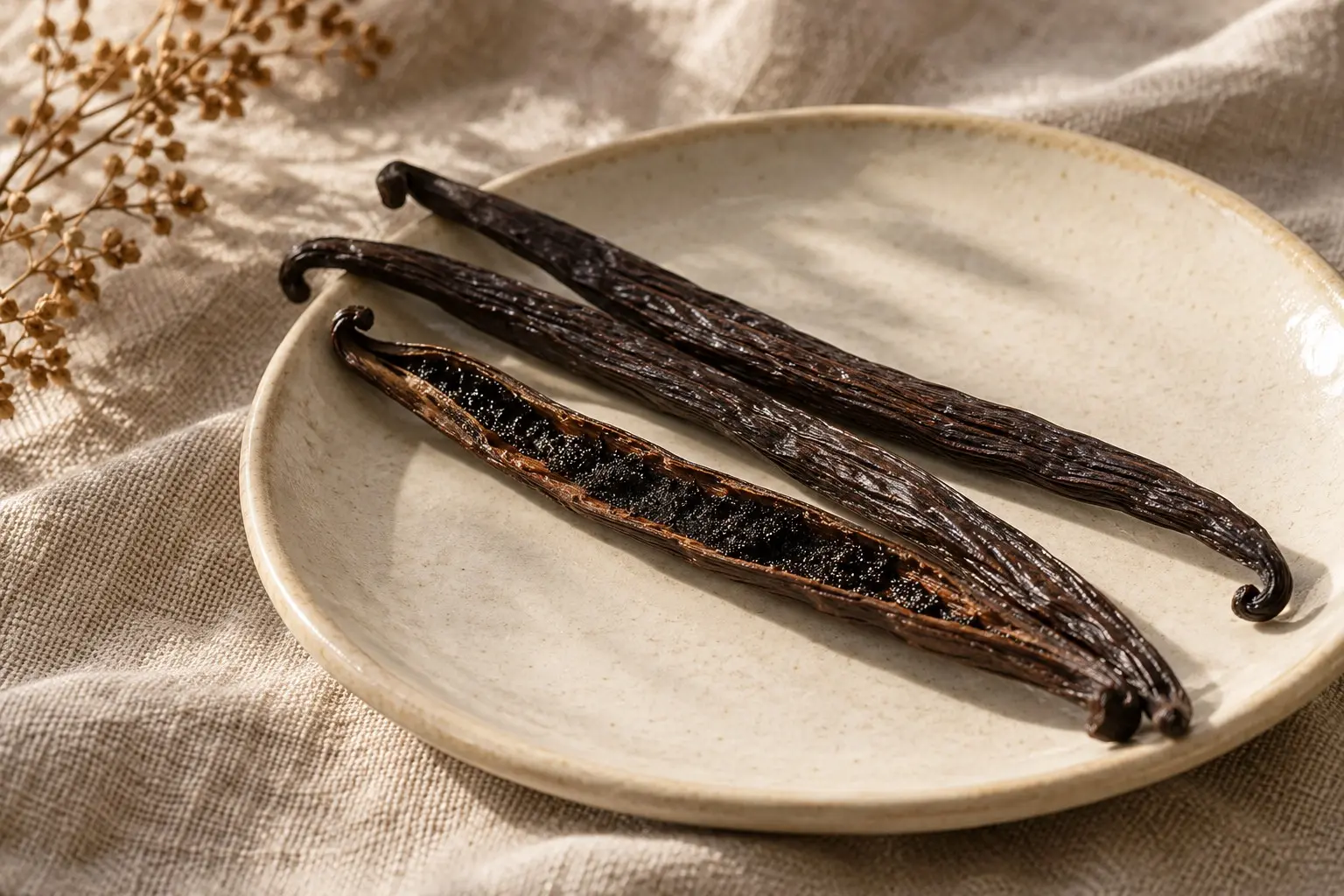 Dark vanilla bean pods on an ivory ceramic plate with natural linen