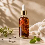 Amber botanical oil in a clear glass dropper bottle with visible dried flowers