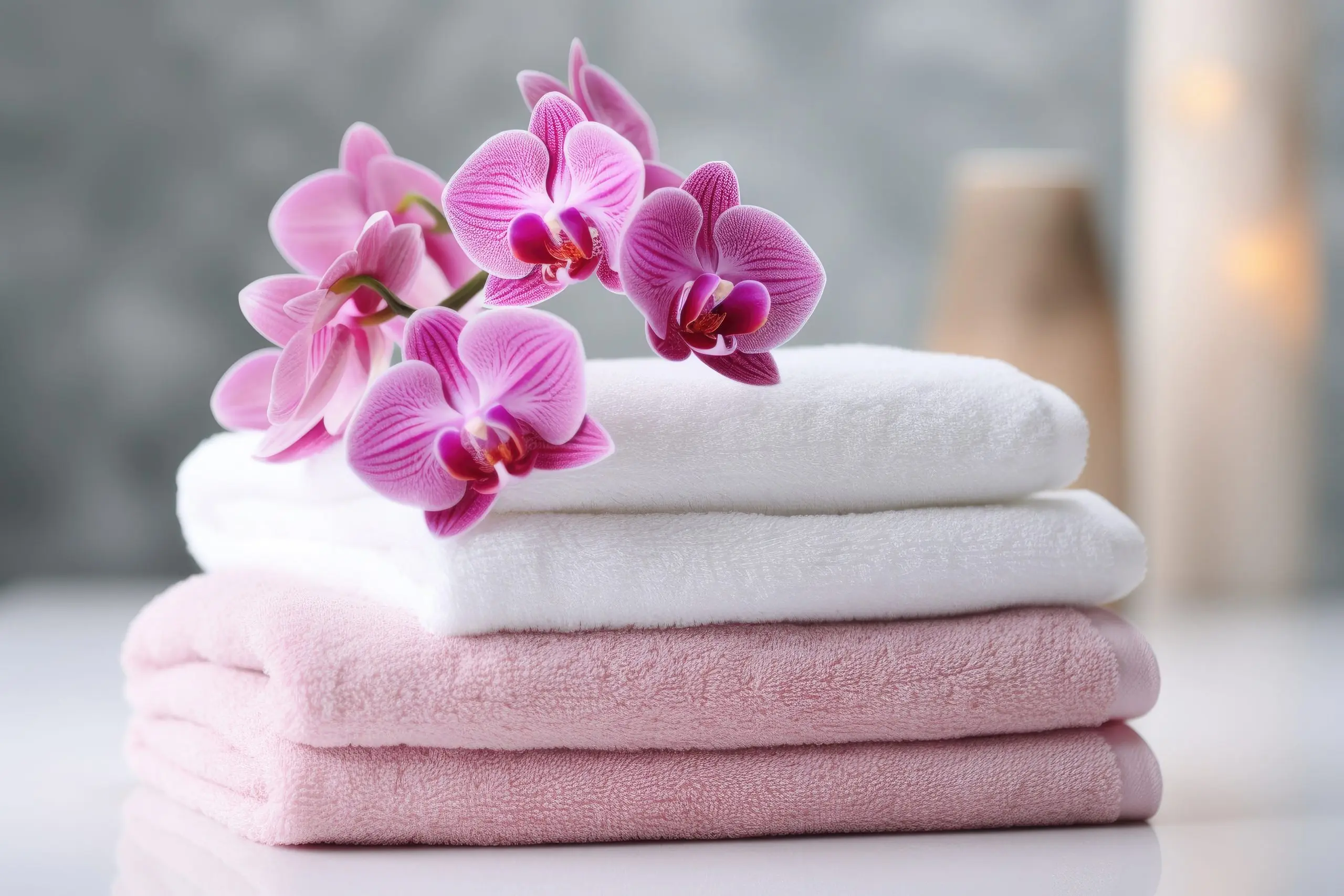 Folded towels with pink orchids for a simple guest bathroom refresh