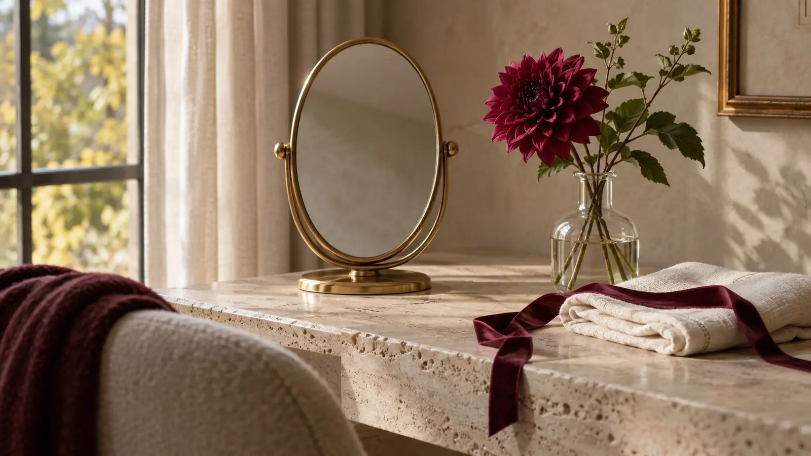 Brass vanity mirror, ivory linen, burgundy ribbon, and a dahlia on a sunlit dressing table