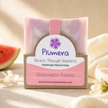 Watermelon Freesia pink and white handmade soap bar by Plumera Essentials