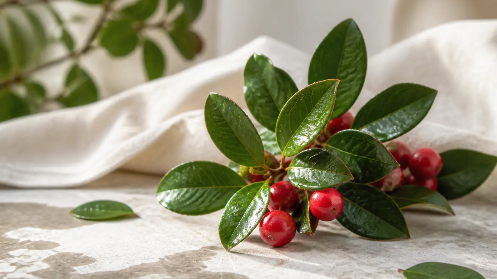 Glossy wintergreen leaves and red berries on pale stone beside cream linen