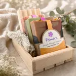 Plumera Fun Soap Box with four colorful handmade bars, a wooden soap dish, sisal soap saver, and wood gift box