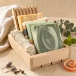 Botanical soap gift box with four handmade soaps, wooden box, soap dish and soap saver pouch