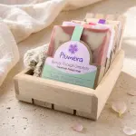 Plumera Floral Soap Box with four pink and pastel handmade bars, wooden soap dish, sisal soap saver, and wood box