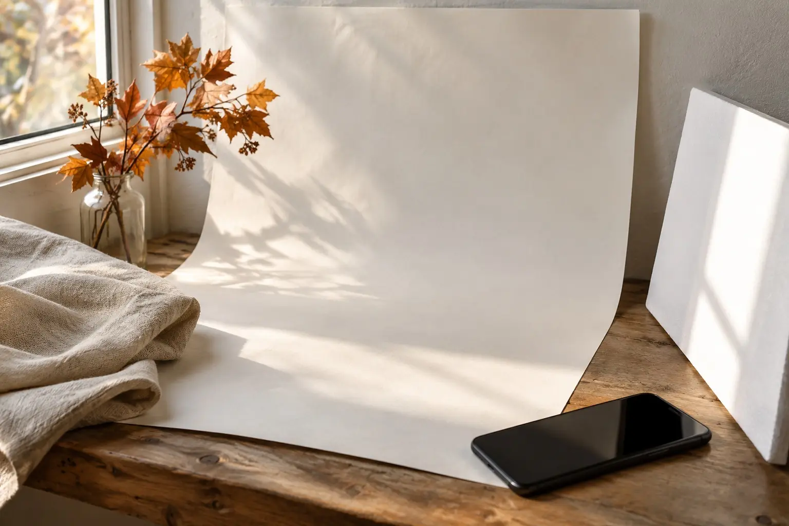 Empty ivory photography backdrop beside a phone, linen, autumn leaves, and a white reflector in window light