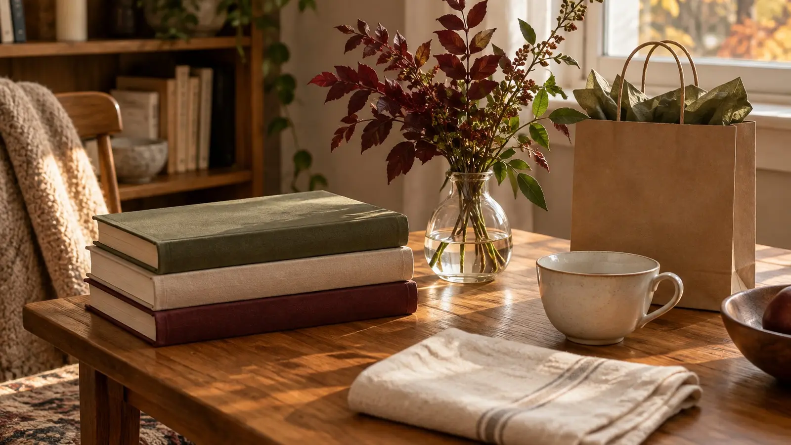 Clothbound books, a linen towel, autumn foliage, and a plain gift bag on a sunlit reading table