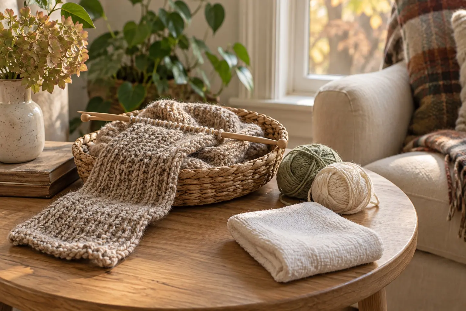 Knitted scarf, wooden needles, sage and cream yarn, and a folded hand towel beside a sunny autumn window