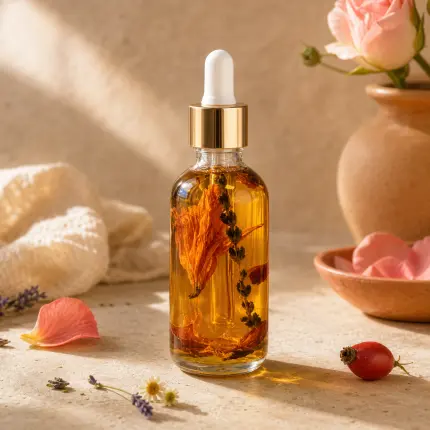 Amber botanical face oil in a clear glass dropper bottle with orange petals and dark botanicals