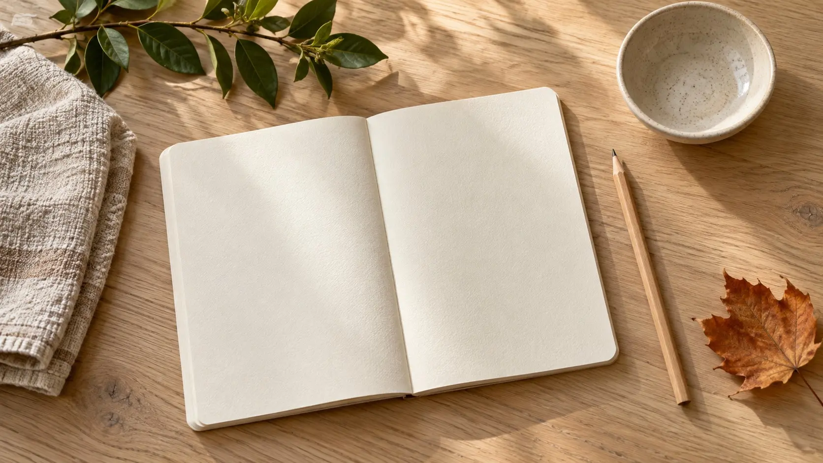 Blank notebook and pencil beside a linen cloth, leafy branch, and autumn leaf on a wooden table