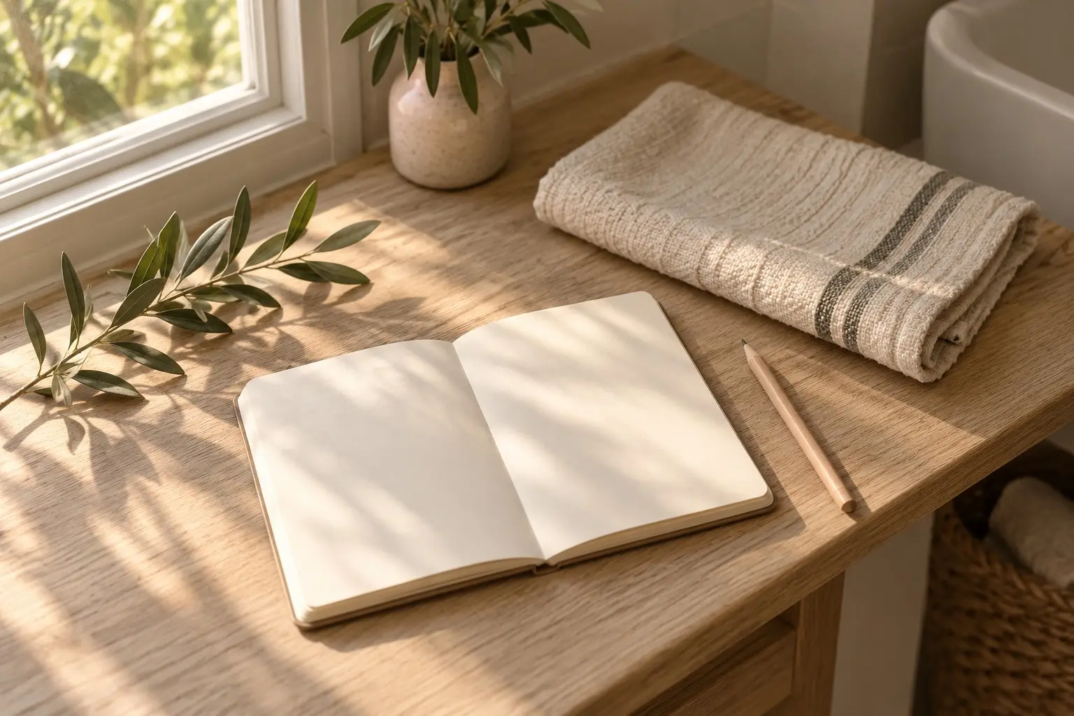 Blank notebook and wooden pencil beside a folded towel and olive leaves in warm window light