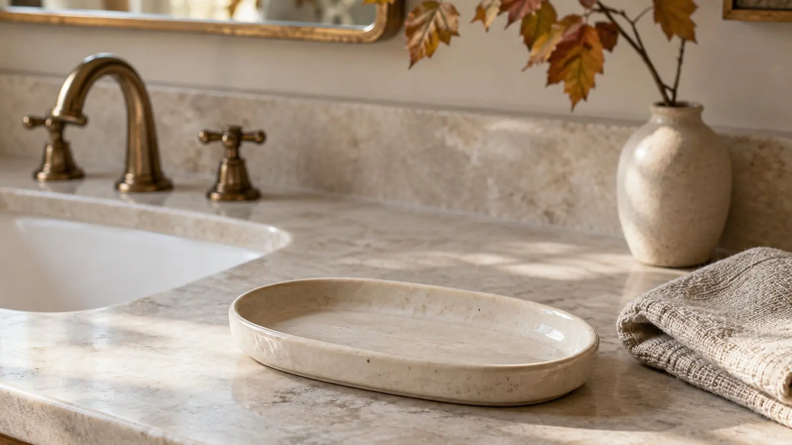 Empty ceramic vanity tray beside a folded neutral towel and autumn leaves on a sunlit bathroom counter