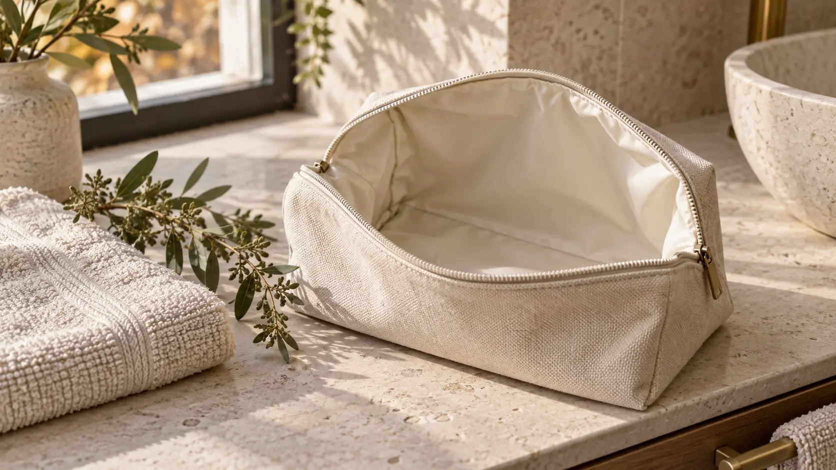 Open empty canvas toiletry bag with a pale lining beside a cream towel and leafy sprig
