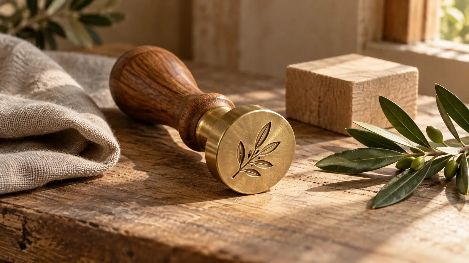 A wooden-handled botanical stamp, linen cloth, wood block, and olive sprig on a sunlit craft workbench