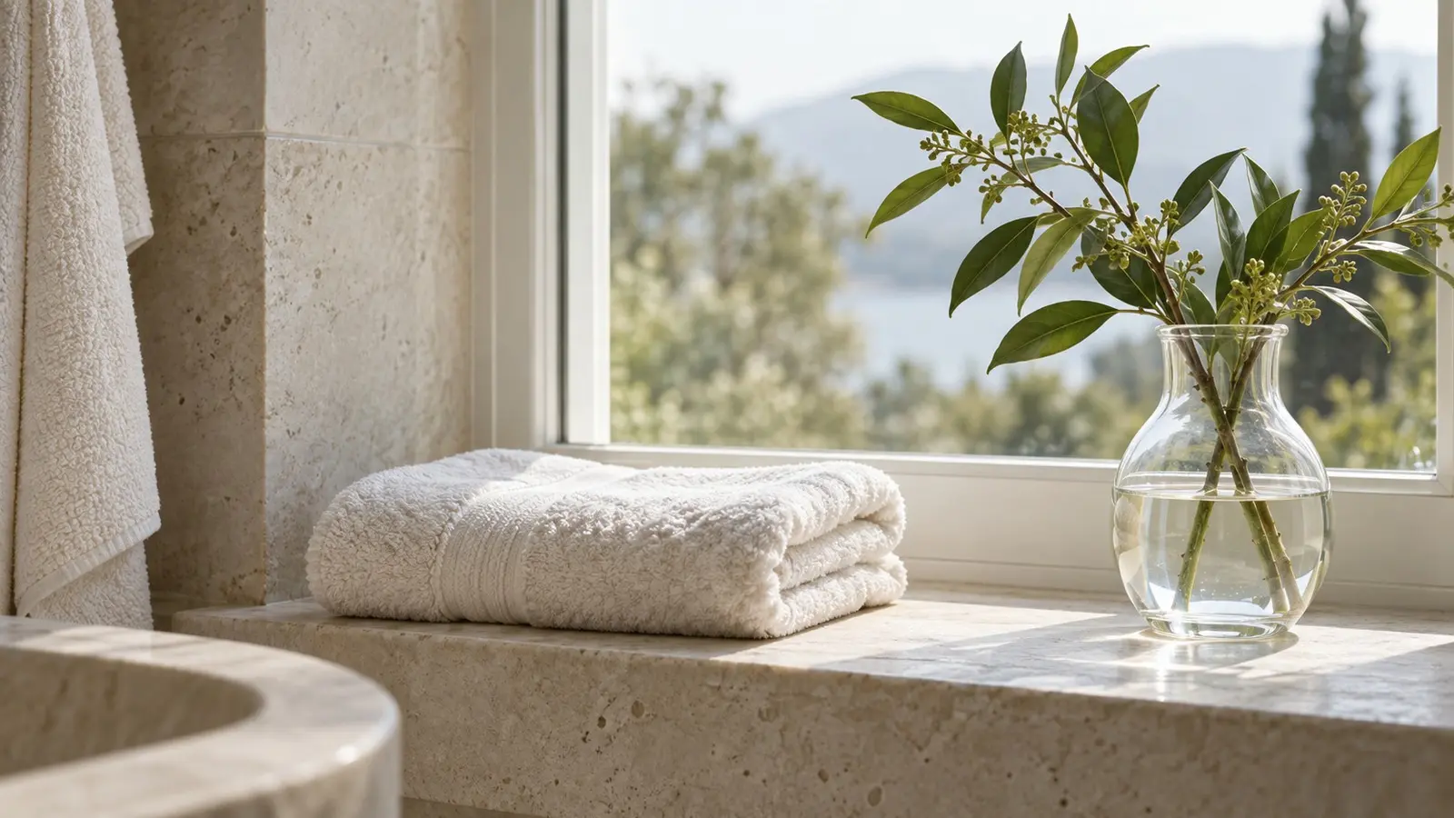 Folded ivory towel and leafy branch in a clear vase on a sunlit stone bathroom windowsill