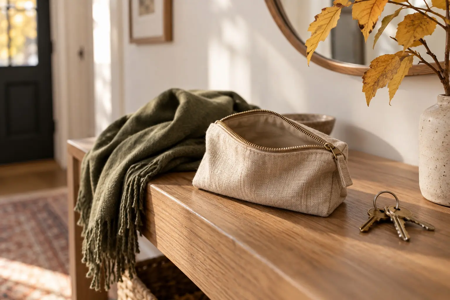 Empty linen pouch, olive scarf and house keys on an oak console beside autumn leaves