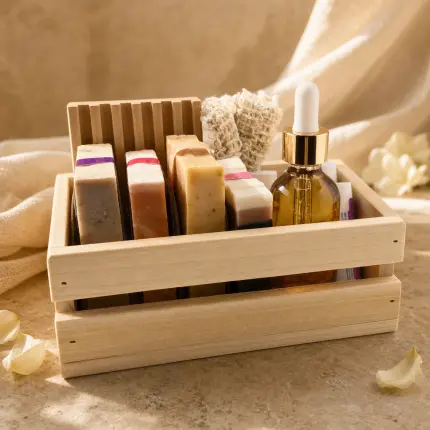 Wooden botanical gift crate with handmade soap bars, dropper bottle, small containers and textured bath pouch