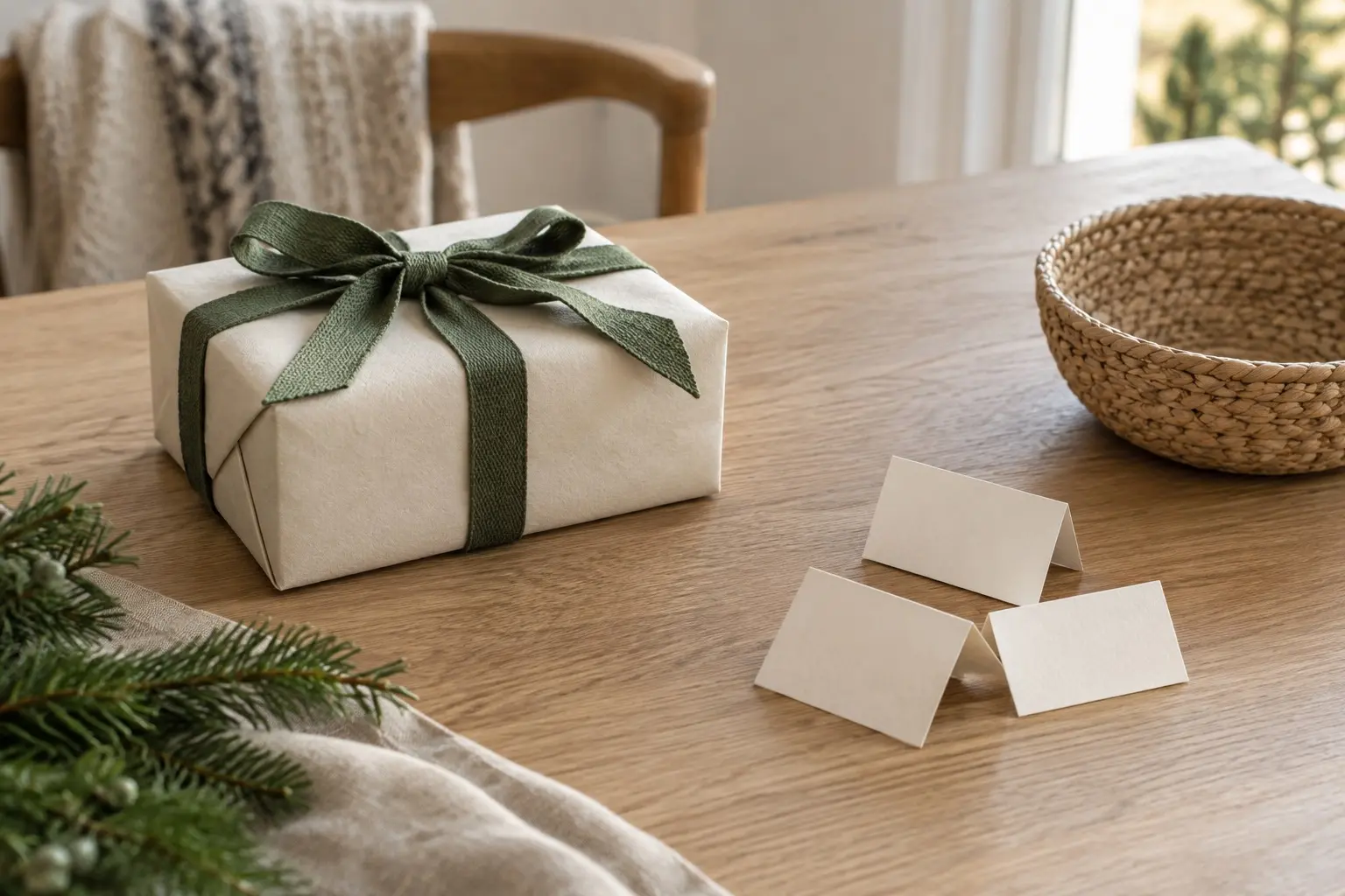 Cream-wrapped gift with green ribbon, blank cards, and a woven bowl on an oak table