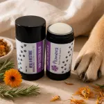 Two Plumera Paw-tector Balm one ounce containers with original labels beside a healthy dog paw