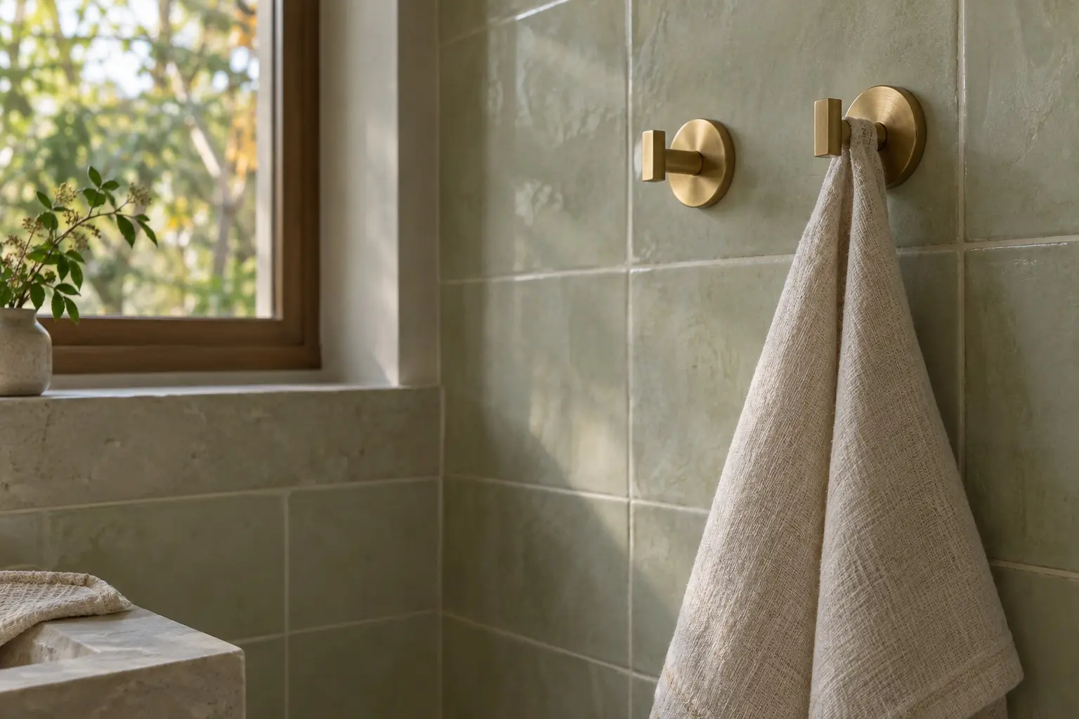 Ivory linen towel and an empty brass hook beside a sunlit bathroom window